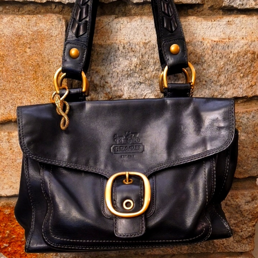 Coach Black and Bleecker Leather Shoulder Bag with Flap Design